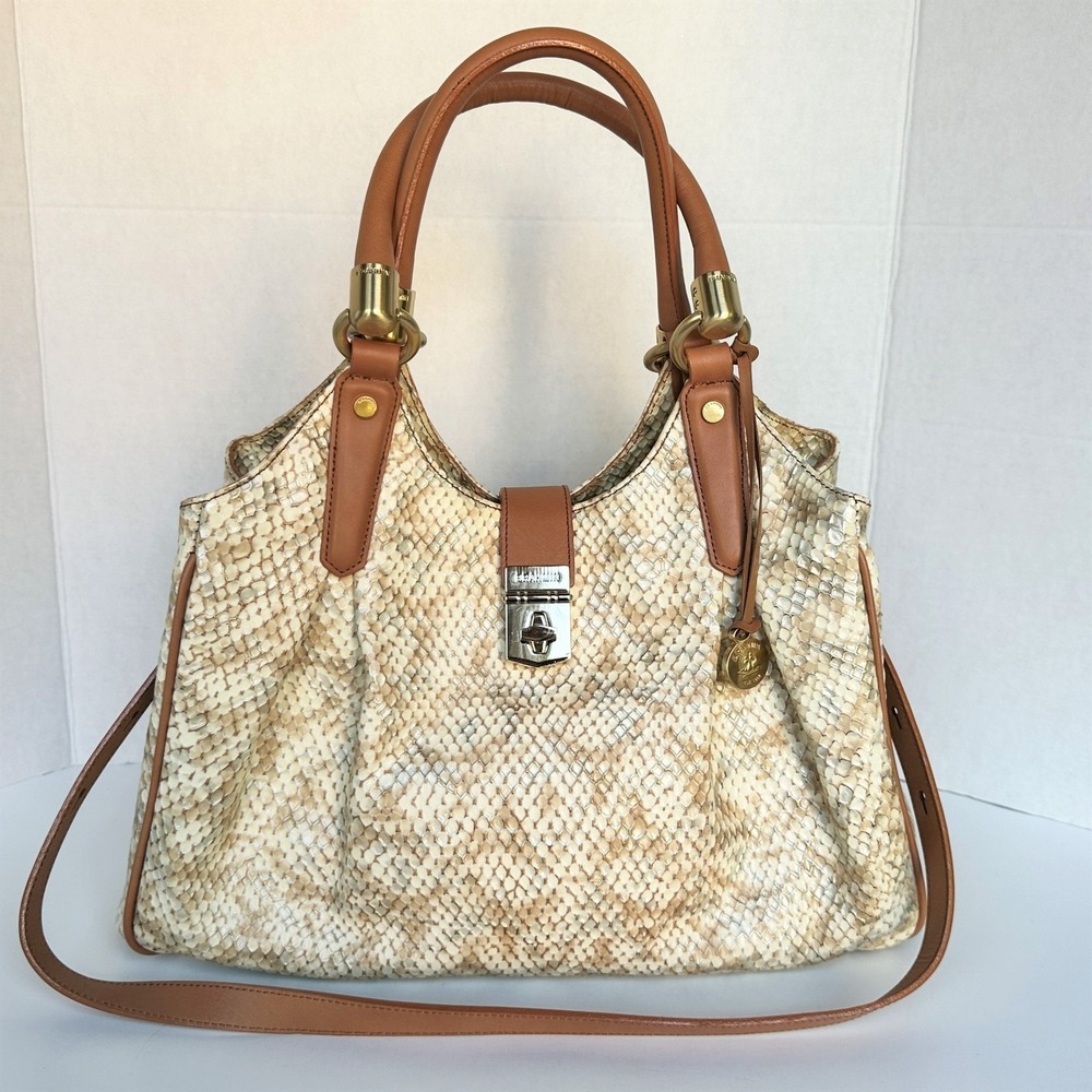 Brahmin Cream Snake-embossed Satchel